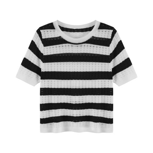 High-quality striped sweater short-sleeved t-shirt women's summer shoulder unique chic small top short section