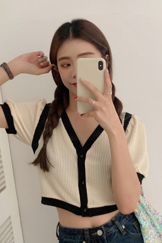 V-neck contrast color short knitted sweater women's summer  new foreign style slim puff sleeve bm cardigan top