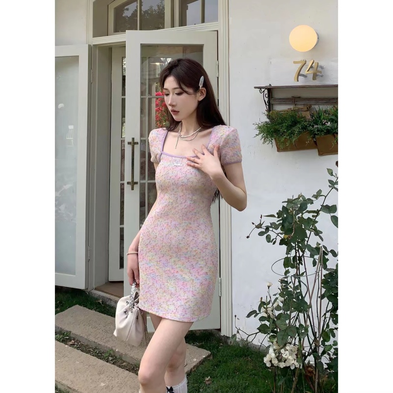 "Summer Macaron" Square Neck Short Sleeve Dress Women's Summer New Slim Fit Hip Skirt
