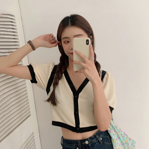 V-neck contrast color short knitted sweater women's summer  new foreign style slim puff sleeve bm cardigan top