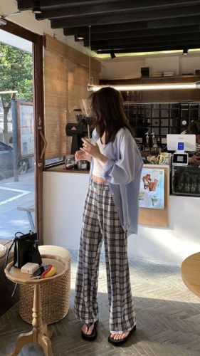 Pleated plaid pants women's high waist straight loose loose autumn and winter 2023 new thin section Korean casual wide-leg pants