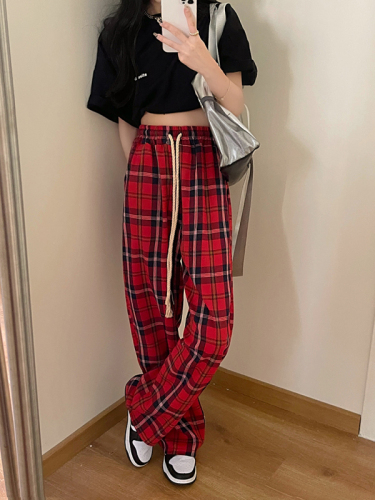Real shot spring and summer red plaid pants women's straight pants wide leg pants women's casual pants women