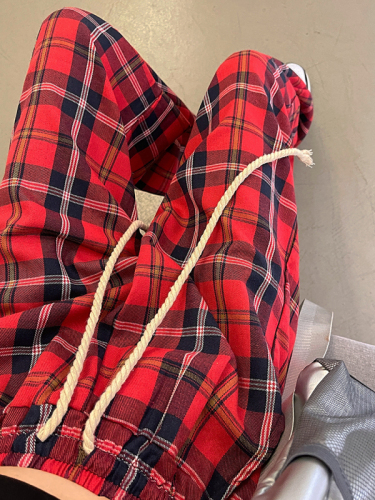 Real shot spring and summer red plaid pants women's straight pants wide leg pants women's casual pants women