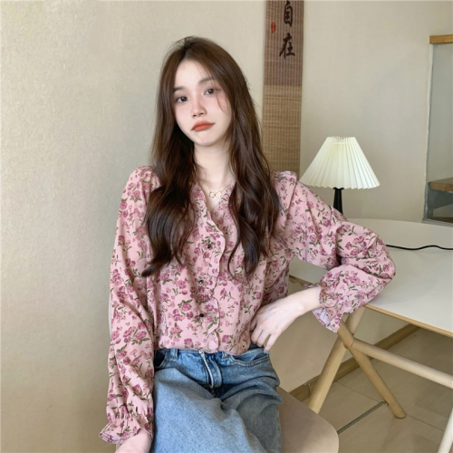 Real price real price French V-neck temperament floral shirt chic niche age-reducing chiffon shirt retro long-sleeved top