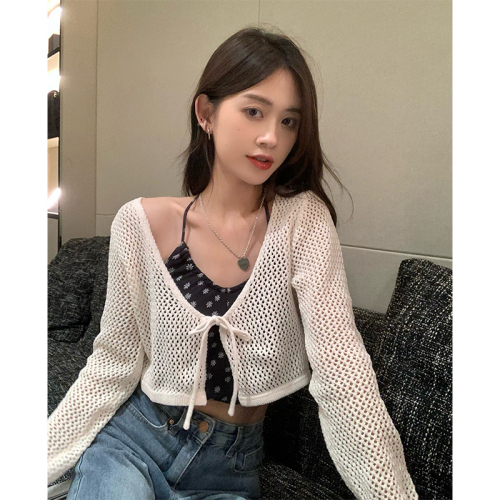 Douyin quality#Thin section sunscreen knitted blouse summer new style slim tie short long-sleeved cardigan