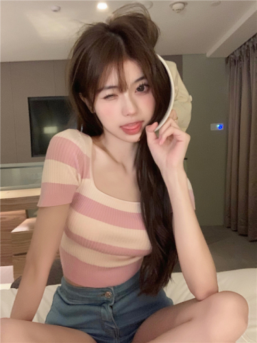 Ice silk striped short-sleeved knitted sweater women's summer thin section square collar slim fit short top bottoming shirt