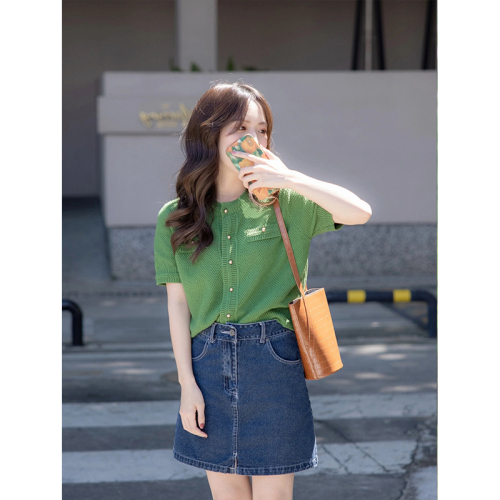 Xiaoxiangfeng short-sleeved shoulder green sweater  new women's retro Hong Kong style loose casual cardigan top summer