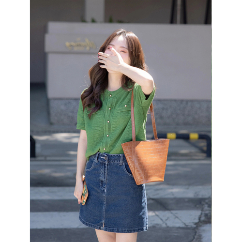 Xiaoxiangfeng short-sleeved shoulder green sweater  new women's retro Hong Kong style loose casual cardigan top summer