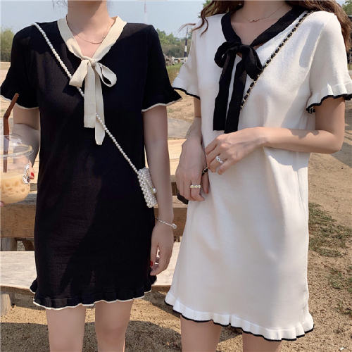  new summer all-match small fresh bowknot ice silk knitted student short-sleeved dress