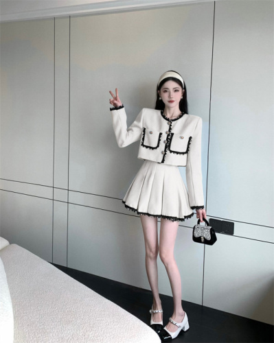 Real price real price Lace pearl lace splicing small fragrant wind jacket + high waist skirt suit two-piece set