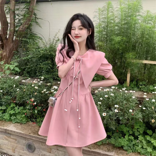 French Contrast Color Bowknot Suit Dress Female Summer Fat mm Retro Buckle Design Skirt