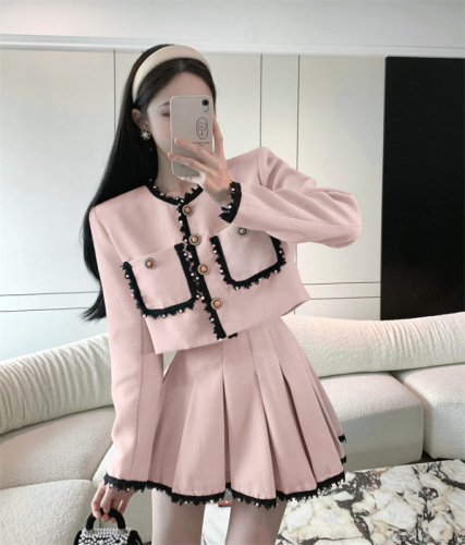 Real price real price Lace pearl lace splicing small fragrant wind jacket + high waist skirt suit two-piece set