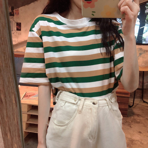 Summer striped short-sleeved T-shirt women's wind student short crop top
