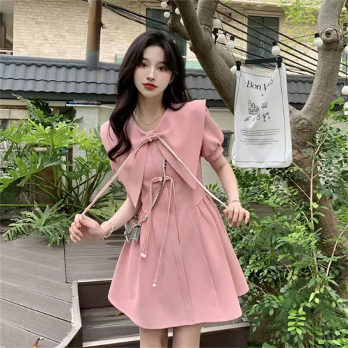 French Contrast Color Bowknot Suit Dress Female Summer Fat mm Retro Buckle Design Skirt
