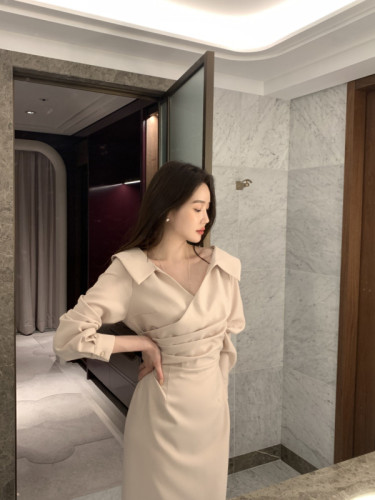 Korean chic spring French lapel waist slim puff sleeve dress femininity elegant tie dress