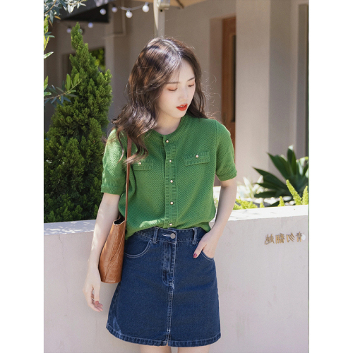 Xiaoxiangfeng short-sleeved shoulder green sweater  new women's retro Hong Kong style loose casual cardigan top summer