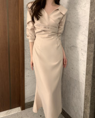 Korean chic spring French lapel waist slim puff sleeve dress femininity elegant tie dress