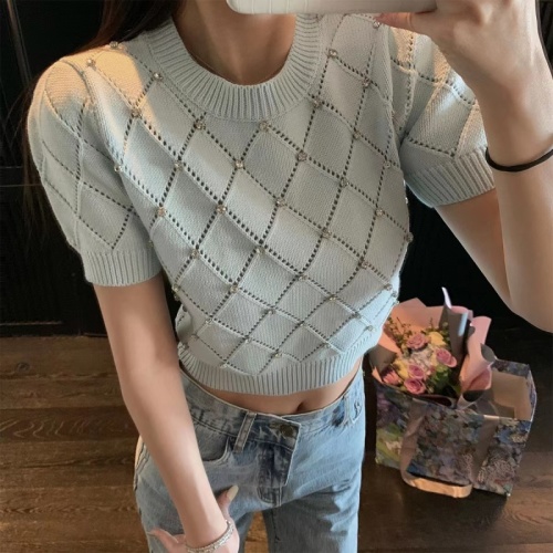 Good morning Fanfan  new short-sleeved sweater women's puff sleeves inside and outside wear gentle loose all-match pure desire top