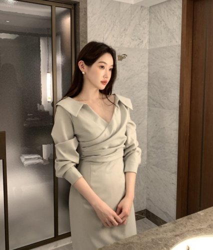 Korean chic spring French lapel waist slim puff sleeve dress femininity elegant tie dress