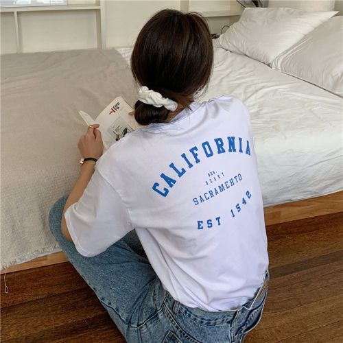 Simple letter printing white t-shirt women's loose thin section pure cotton short-sleeved casual top