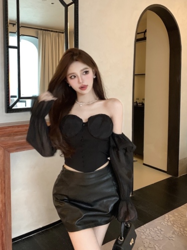 Real shot~Sexy pure desire one-shoulder off-shoulder high-end collarbone tube top chiffon shirt long-sleeved western-style shirt