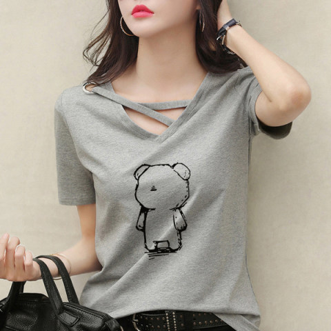2023 summer short-sleeved T-shirt female V-neck loose Korean version black top casual ins compassionate shirt trend