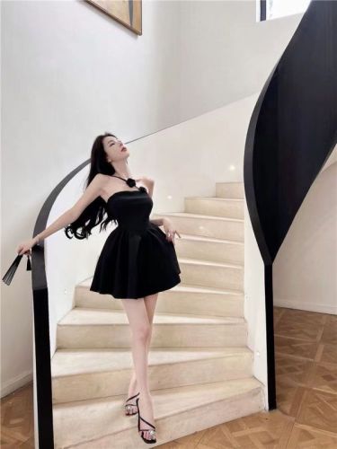  new rose slanted suspender dress high waist tube top vacation fluffy skirt Hepburn little black dress