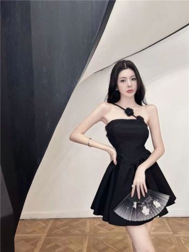  new rose slanted suspender dress high waist tube top vacation fluffy skirt Hepburn little black dress