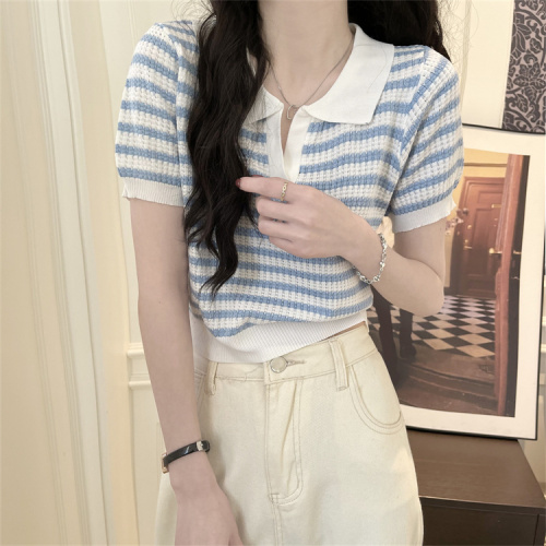 Real price real shot chic retro striped design sense niche short-sleeved polo sweater women's summer chic top