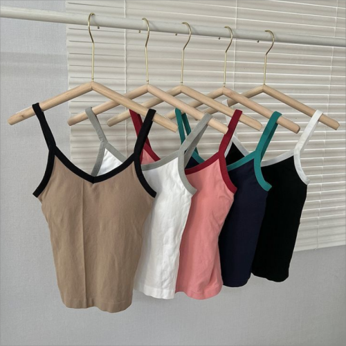 Spice Girl Contrasting Color Camisole Women's Korean Version with Chest Pad Versatile Slim Knitted Color Matching Bottom Sleeveless Top