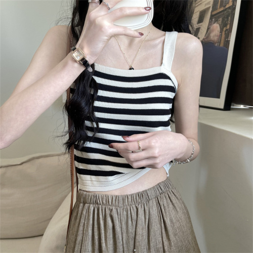 Real shot real price simple thin shoulder strap striped color matching knitted bottoming vest female summer self-cultivation