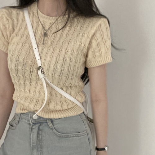 Real price Korean chic macaron thin sweater short-sleeved T-shirt retro twist age-reducing ice silk sweater female