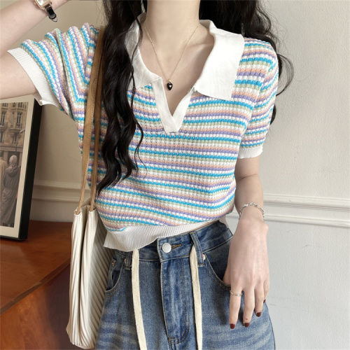Real price real shot chic retro striped design sense niche short-sleeved polo sweater women's summer chic top