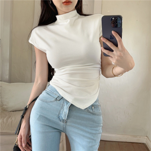 Real price real shot American white t-shirt women's half-high collar short-sleeved 2023 new thin irregular bottoming top