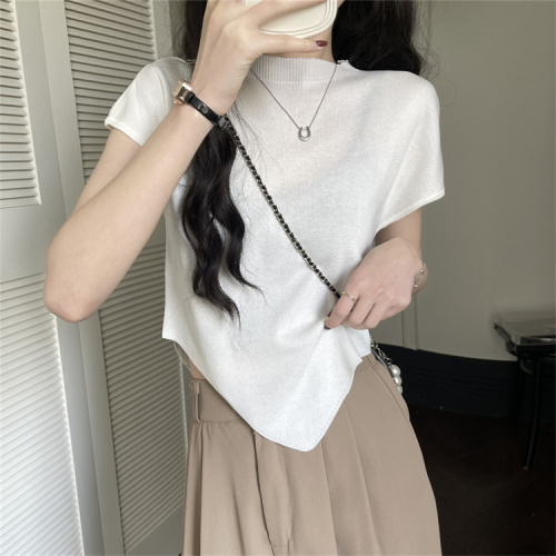 Real price real shot half-high collar short-sleeved sweater T-shirt women's spring self-cultivation slimming niche irregular tops