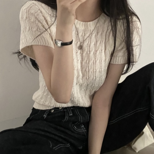 Real price Korean chic macaron thin sweater short-sleeved T-shirt retro twist age-reducing ice silk sweater female