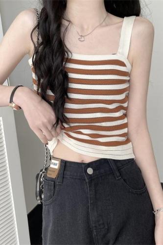Real shot real price simple thin shoulder strap striped color matching knitted bottoming vest female summer self-cultivation