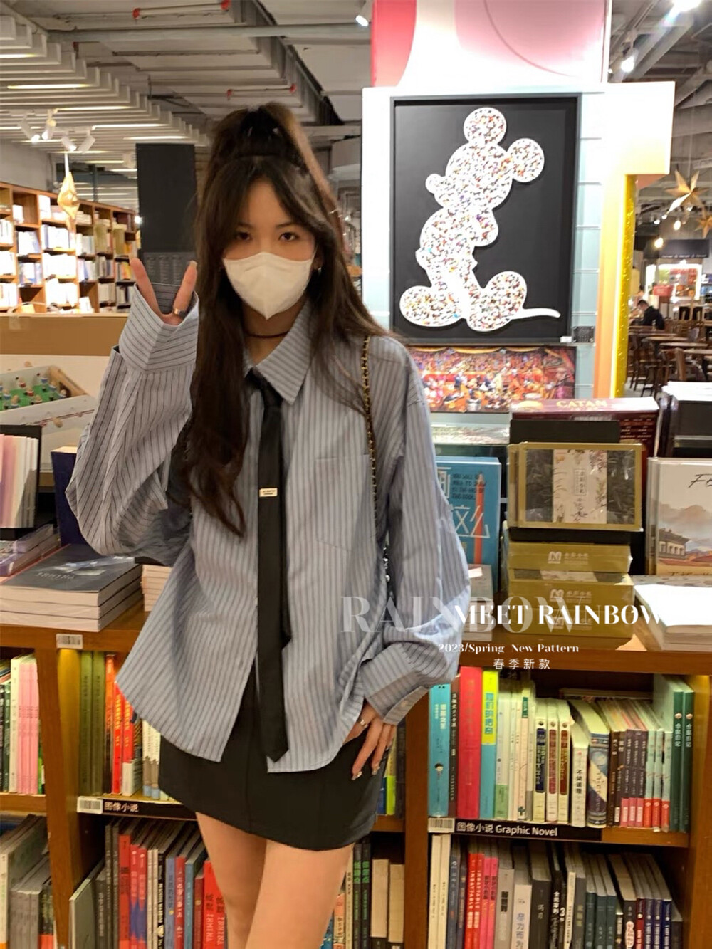 【RAINBOW】Hong Kong style pinstripe loose shirt (with tie) 55023# FHX