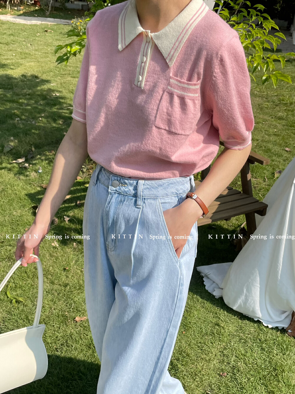 【KITTIN】Retro contrast color lapel short-sleeved sweater 1723# FHX