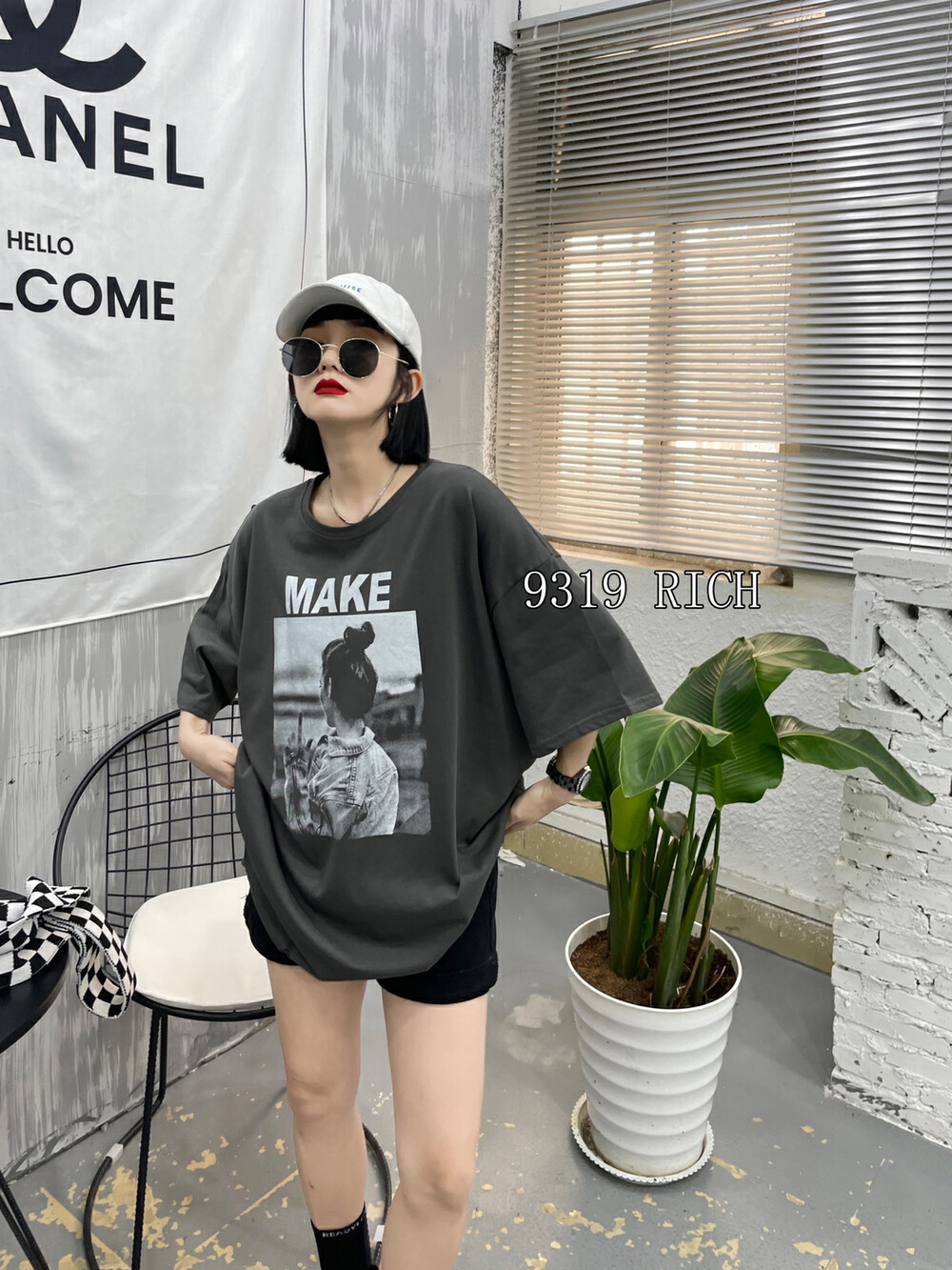 【9319】Letter print fashion loose all-match short-sleeved T-shirt 55016# L