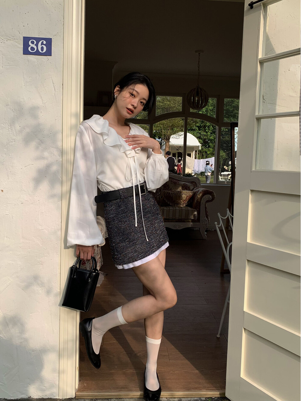 【NEIHE】Skirt tweed color matching small fragrance with belt short skirt skirt 9051# ZXL