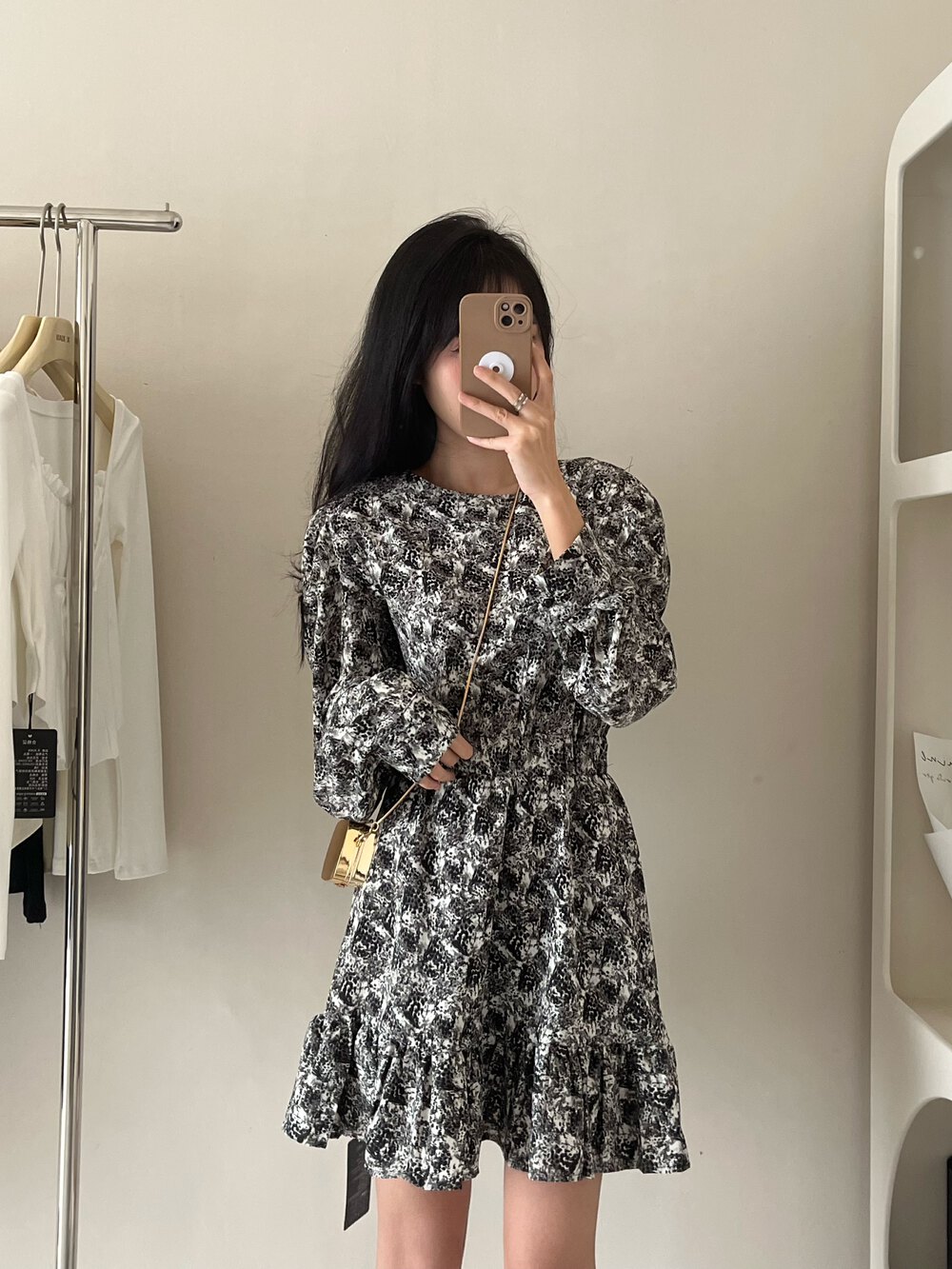 [Yixun] Korean style round neck puff sleeve waist slimming floral dress 0805# LSL