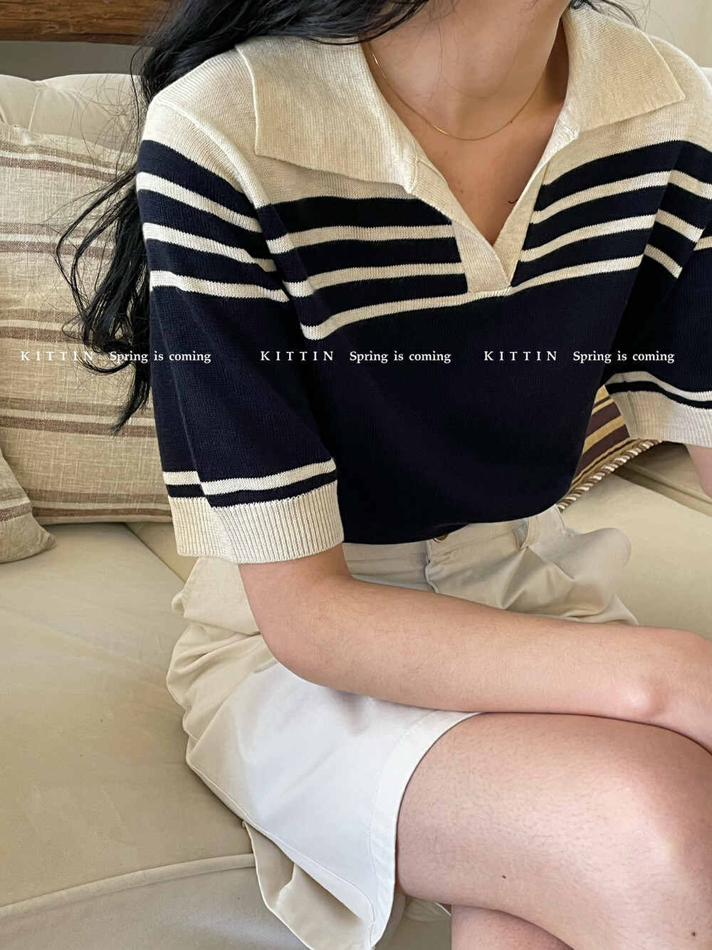 【KITTIN】French contrast color lapel sweater 1782# FHX