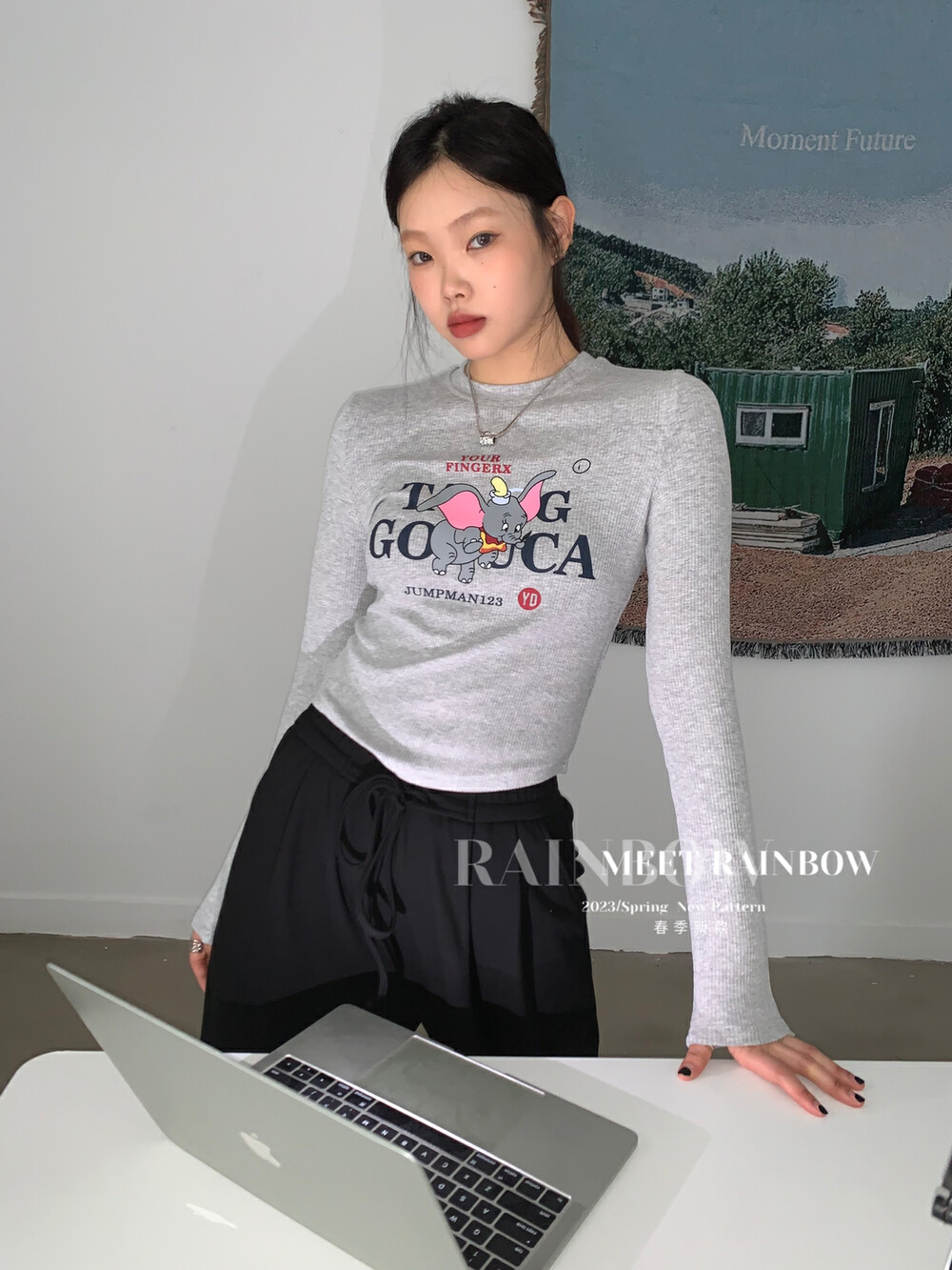 Original price 50.76! [RAINBOW] round neck rabbit cartoon print all-match long-sleeved T-shirt 08627# FHX