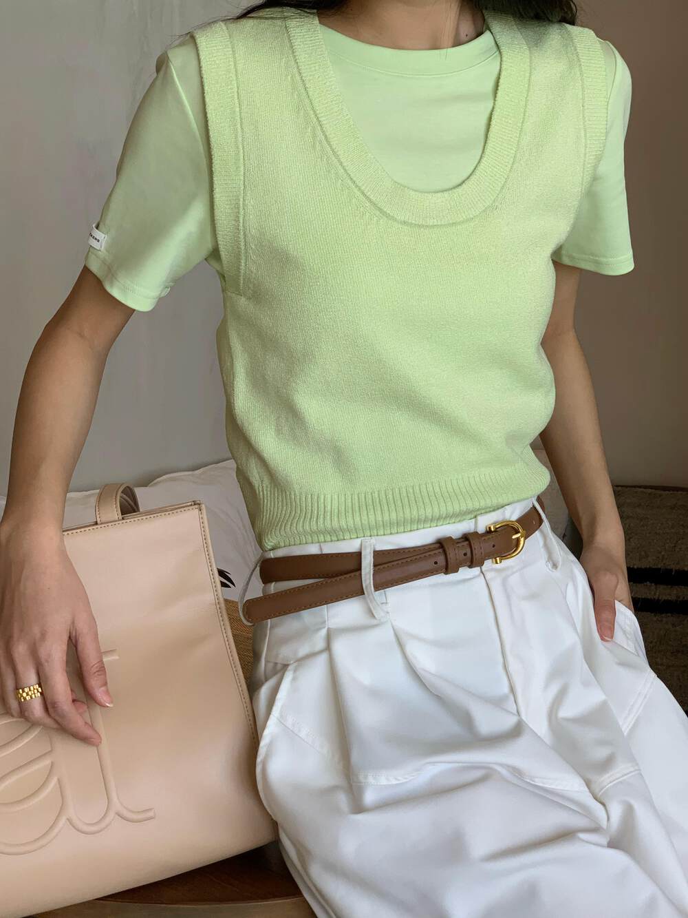 [NEIHE] Solid color basic knitted vest + basic short-sleeved T-shirt set 9110# ZXL