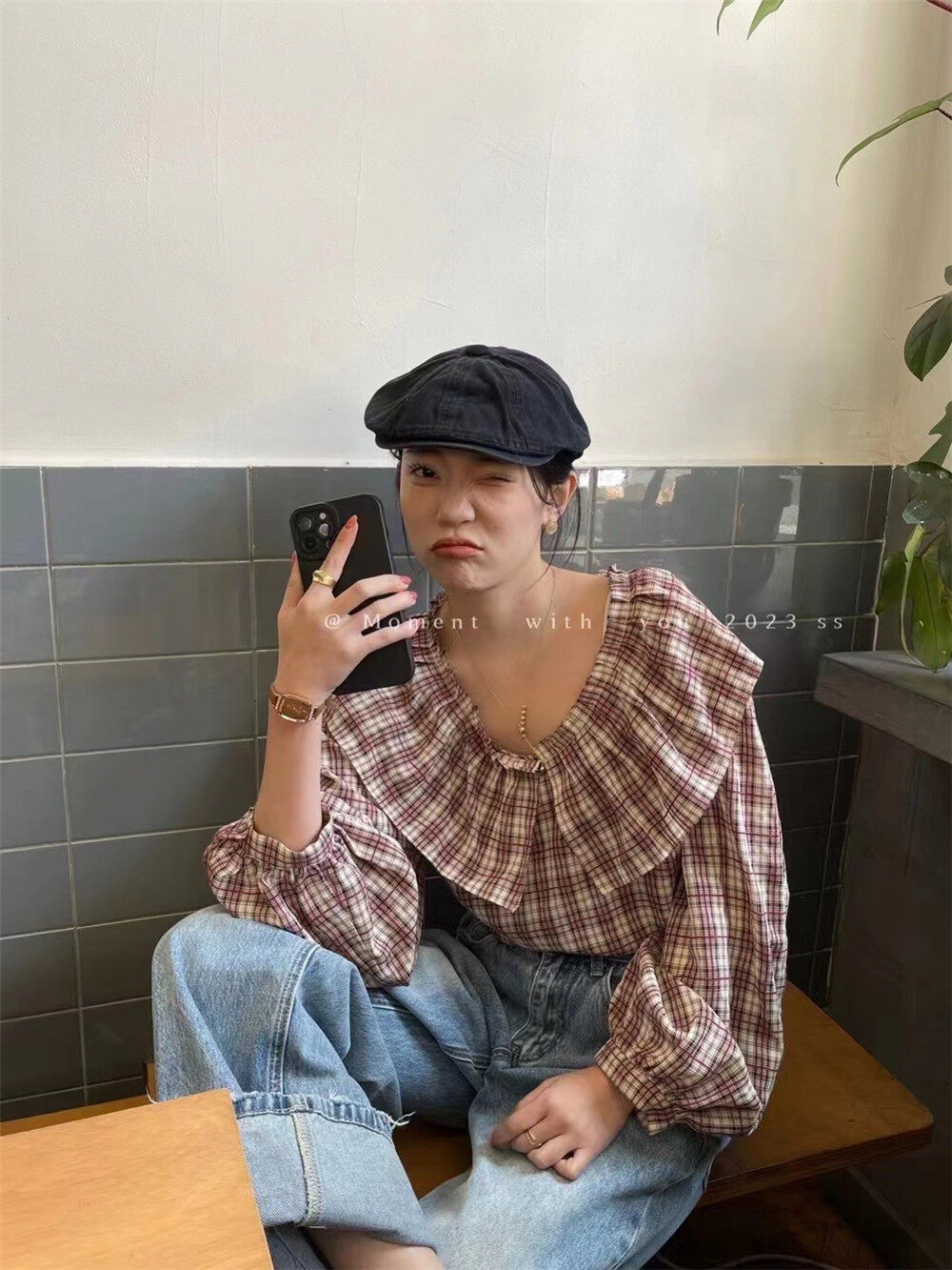 Original price 62.04! 2023 early spring new!【MOMENT WITH YOU】Korean version one-shoulder plaid shirt CJ0028# LSW