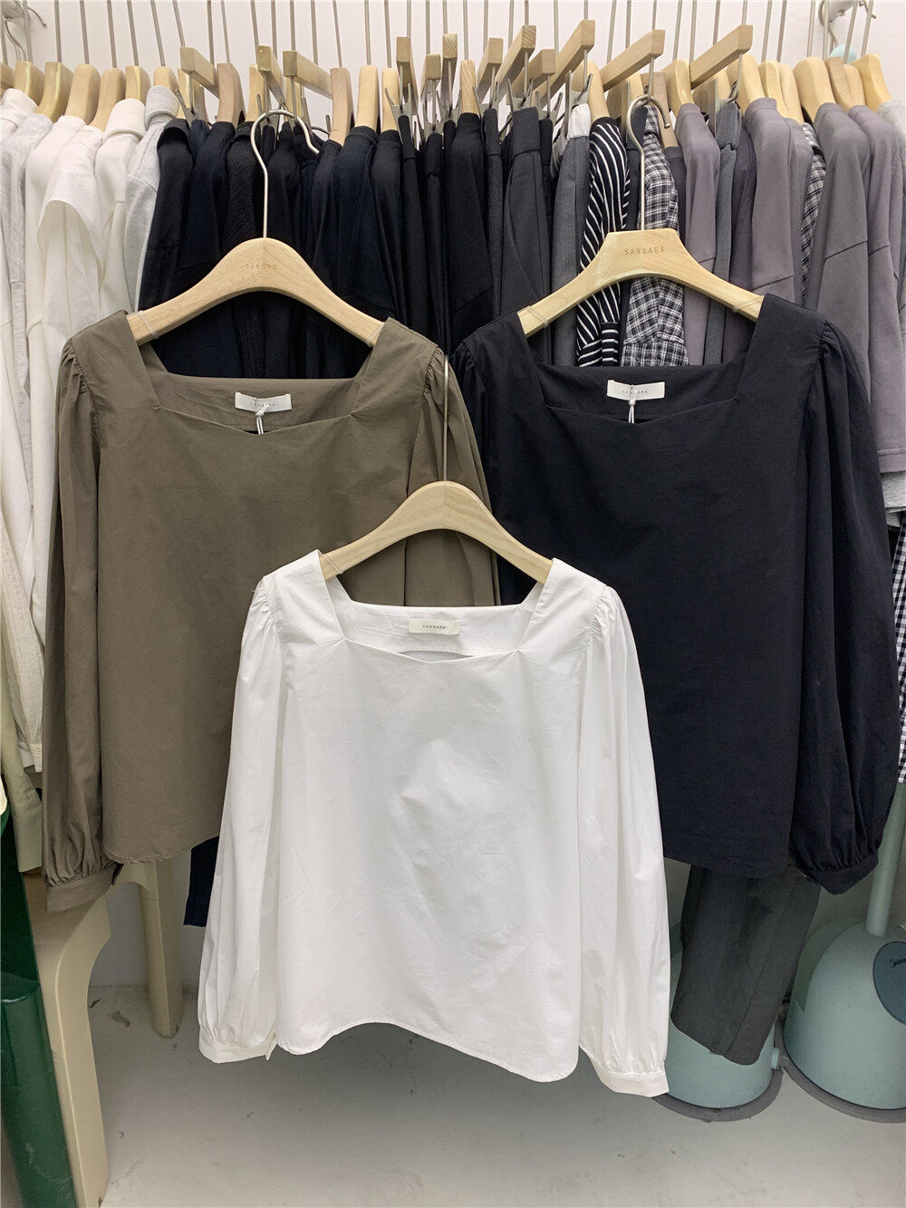 Original price 66.55! 2023 early spring new! 【SANBARA】Texture solid color square collar puff sleeve pullover shirt YS1-8098# LSW