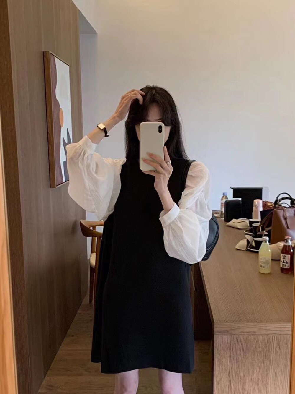 【OIT】Fashion round neck stitching sleeve dress 238108# HBX