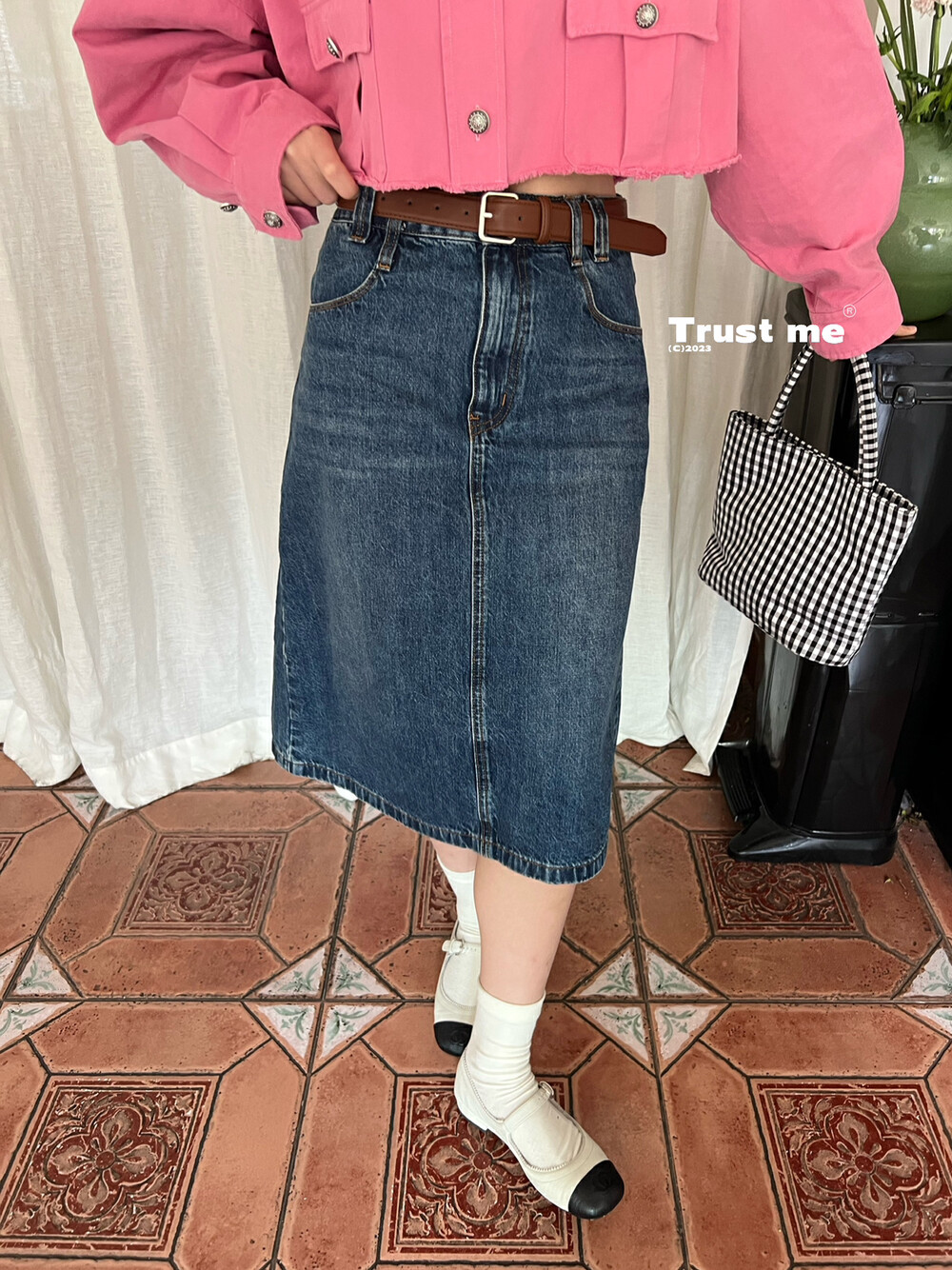 【TRUSTME】Korean retro washed cotton denim skirt (with belt) 501476