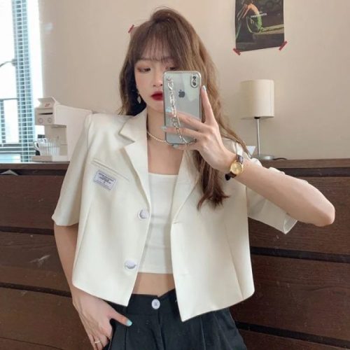 New Chic Casual White Suit Jacket Female Small Temperament Short Suit Top Small Coat Trendy